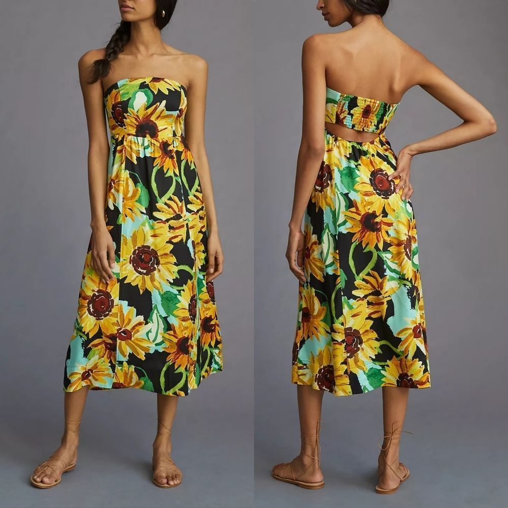 🆕️ Anthro Maeve Sunflower Strapless Silk Rayon Midi Dress